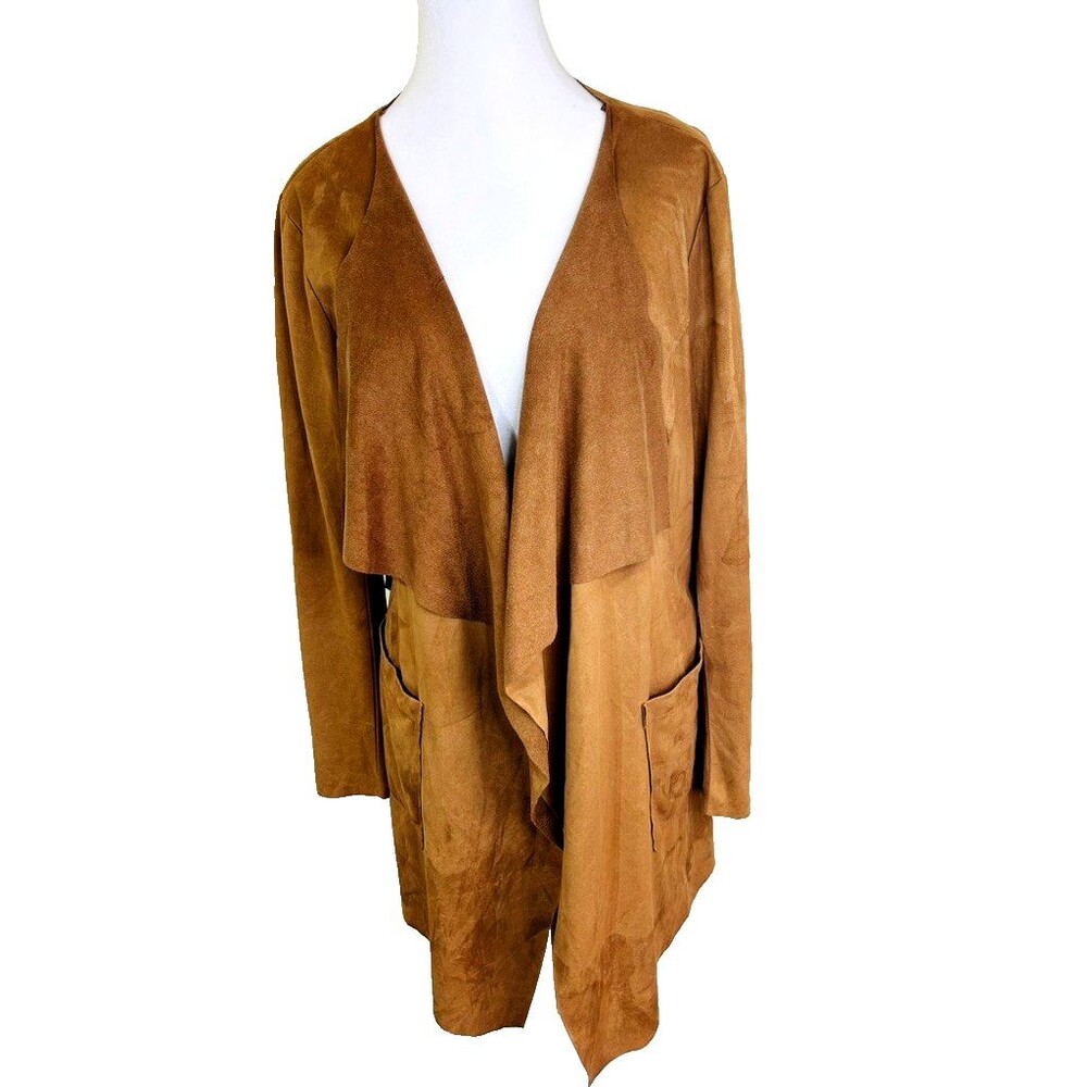 She + Sky Womens Cardigan L Cotton Tan Faux Suede Drape Open Front Boho